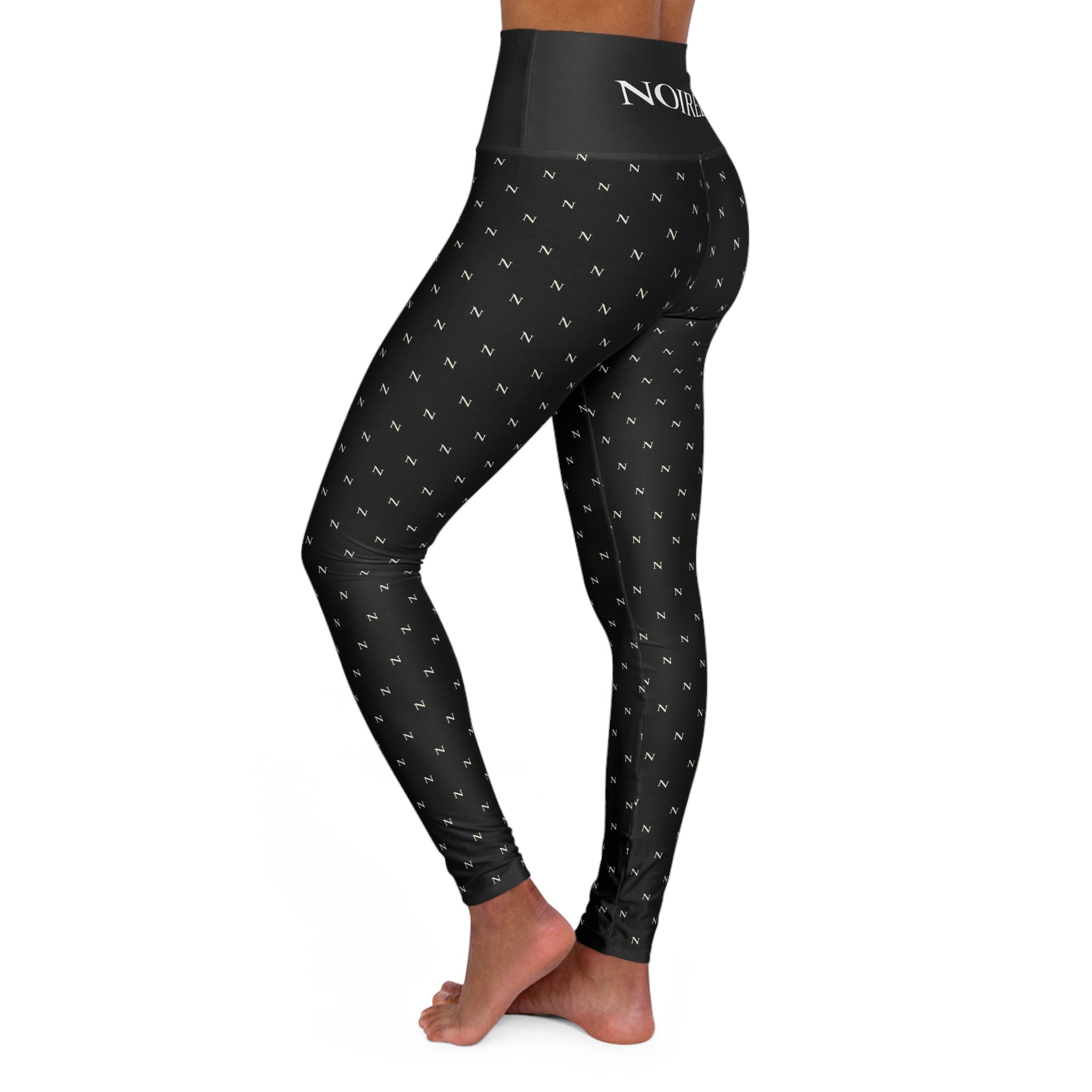 High-Waist Noirél Yoga Leggings — All-Over Black Logo Print, Stretch Workout & Athleisure