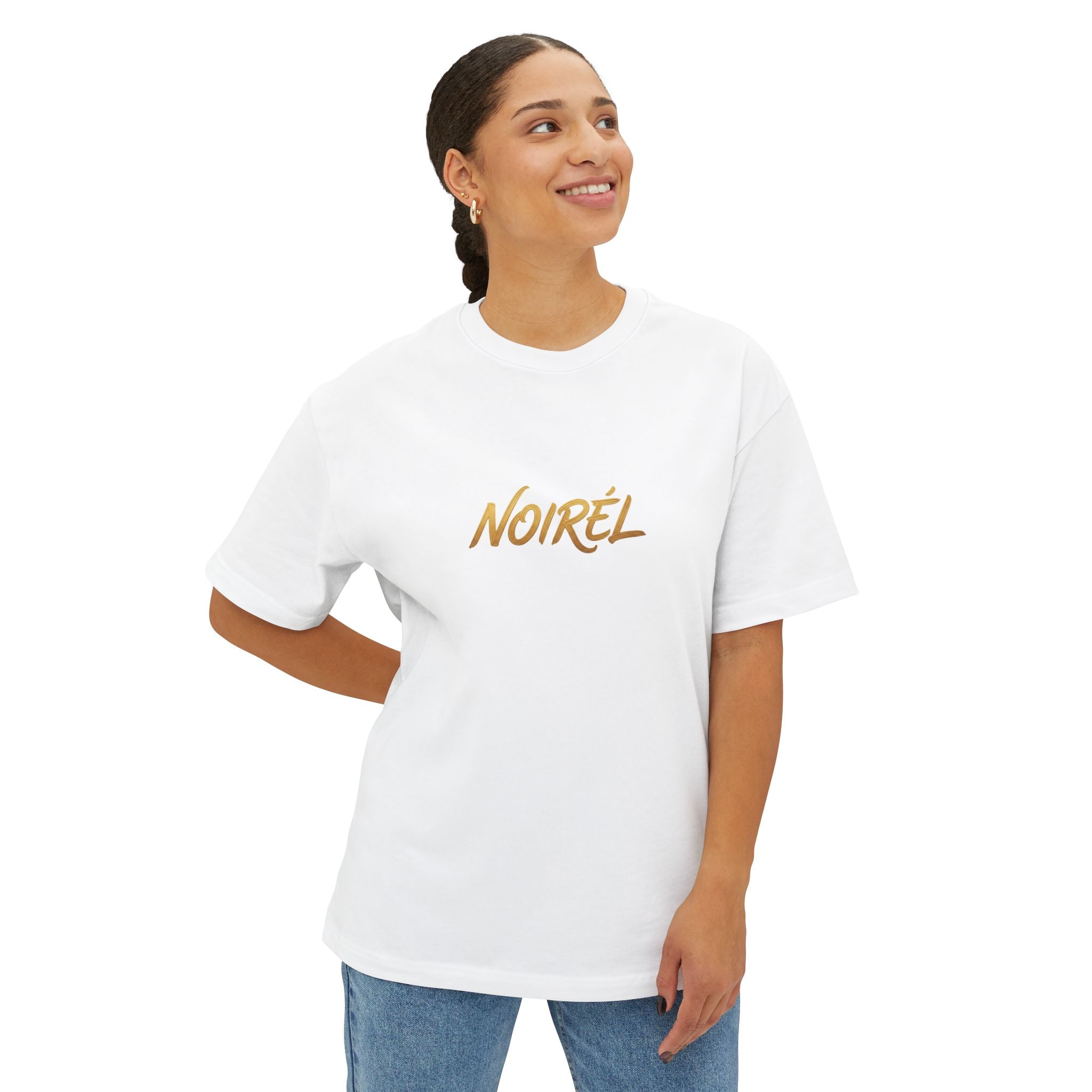 Timeless Rebellion Boxy Tee — "Noirél" Script White Oversized T‑Shirt