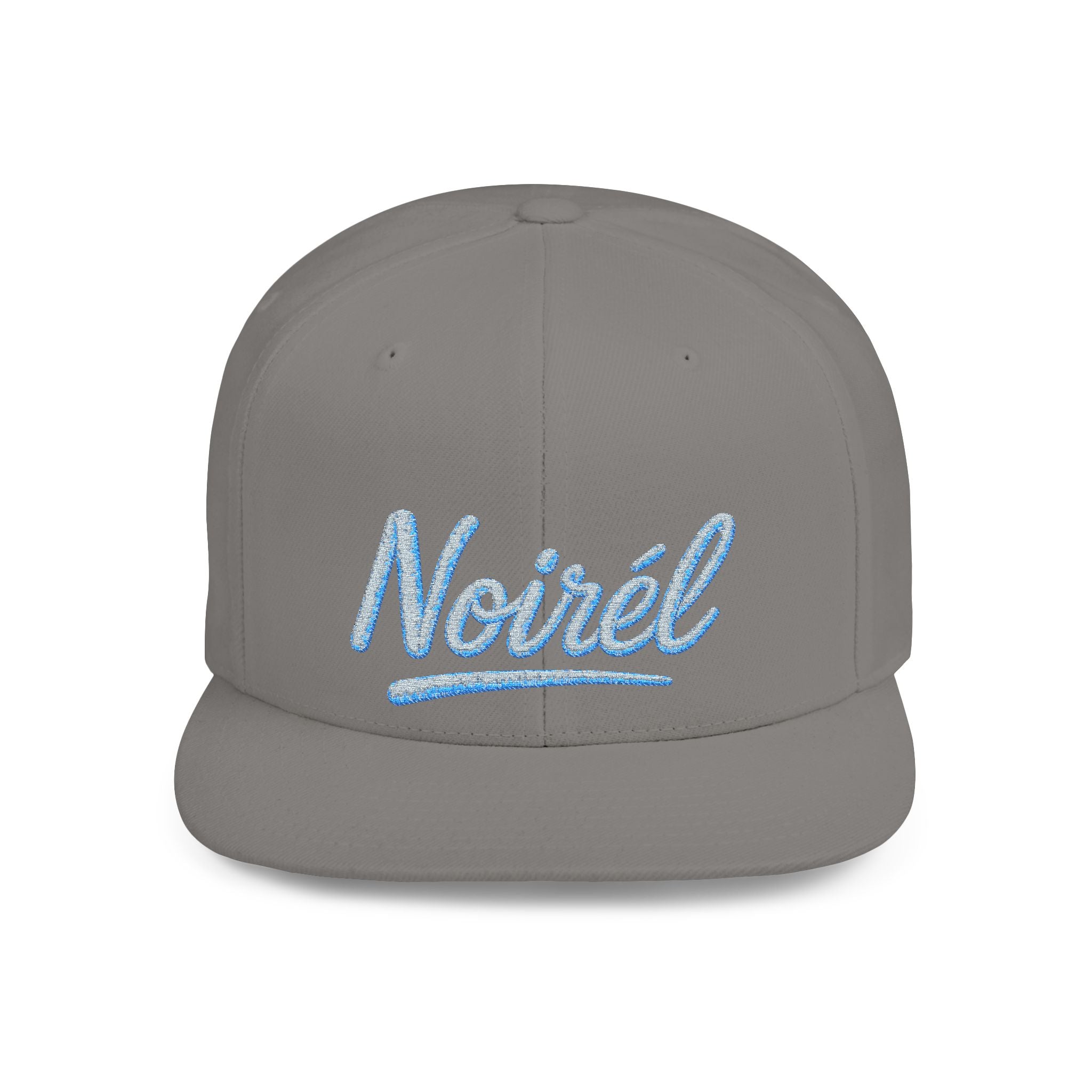 Snapback Hat — "Noiréel" Blue Glitter Script Flat-Bill Cap