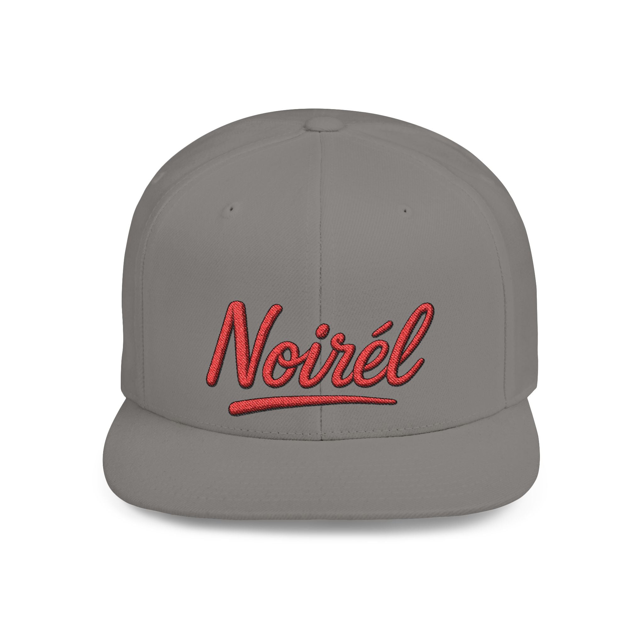 Noirél Script Logo Flat Bill Snapback | Embroidered Red Text Cap