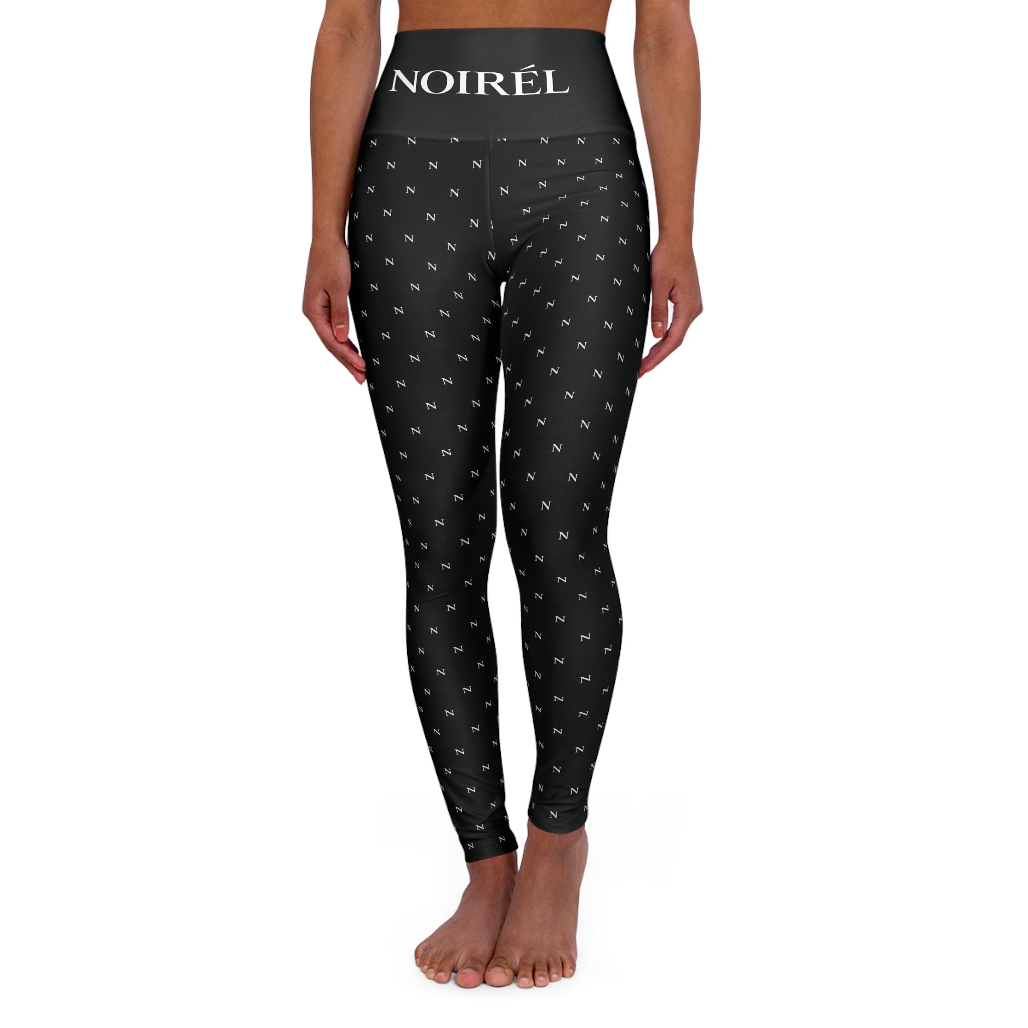 High-Waist Noirél Yoga Leggings — All-Over Black Logo Print, Stretch Workout & Athleisure