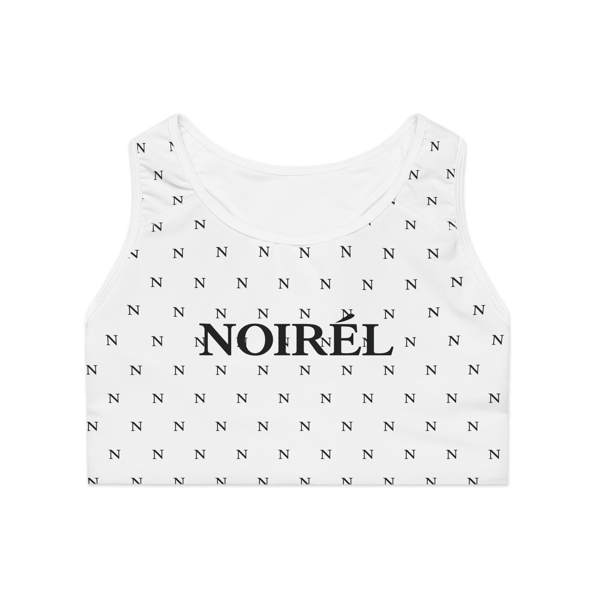 Noirél Monogram Sports Bra – Black Logo All-Over Print