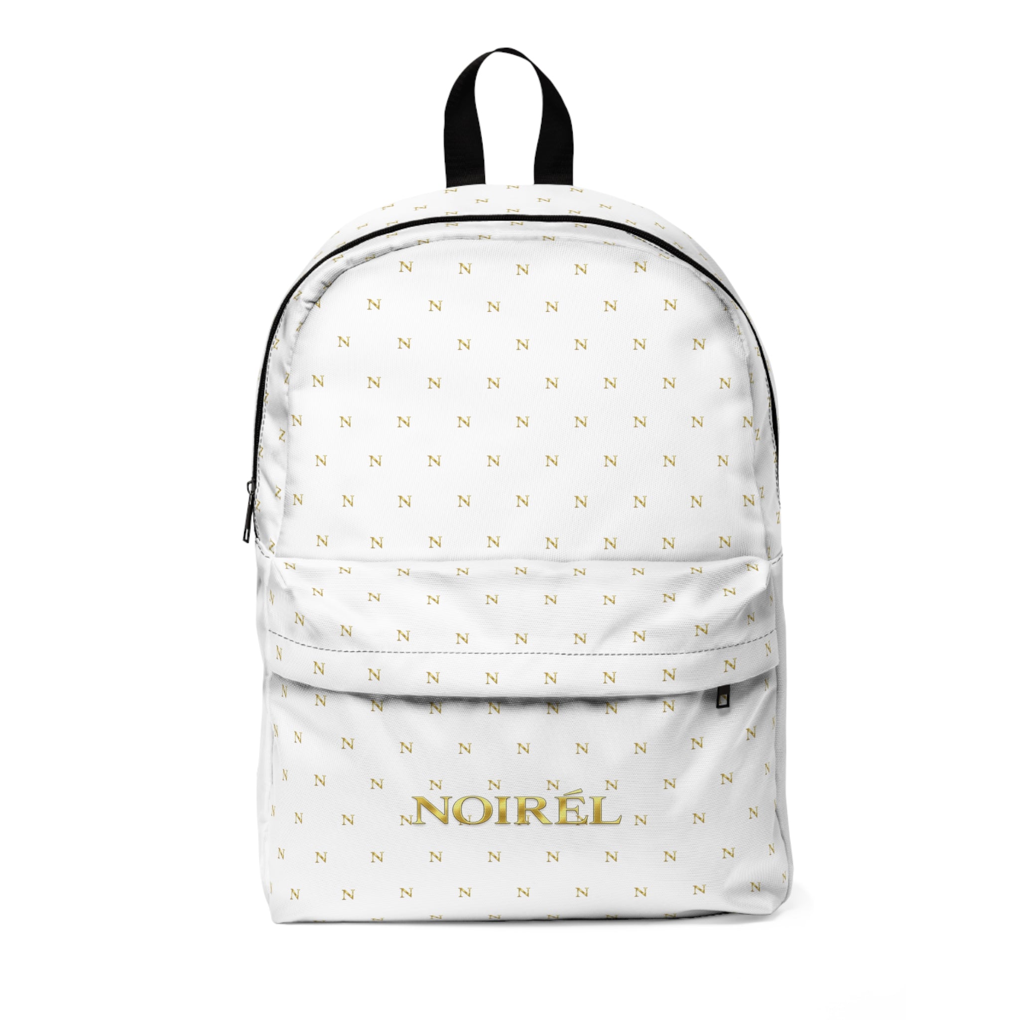 White Luxe Monogram Backpack — 'NOIREL' Gold Patterned School & Travel Bag