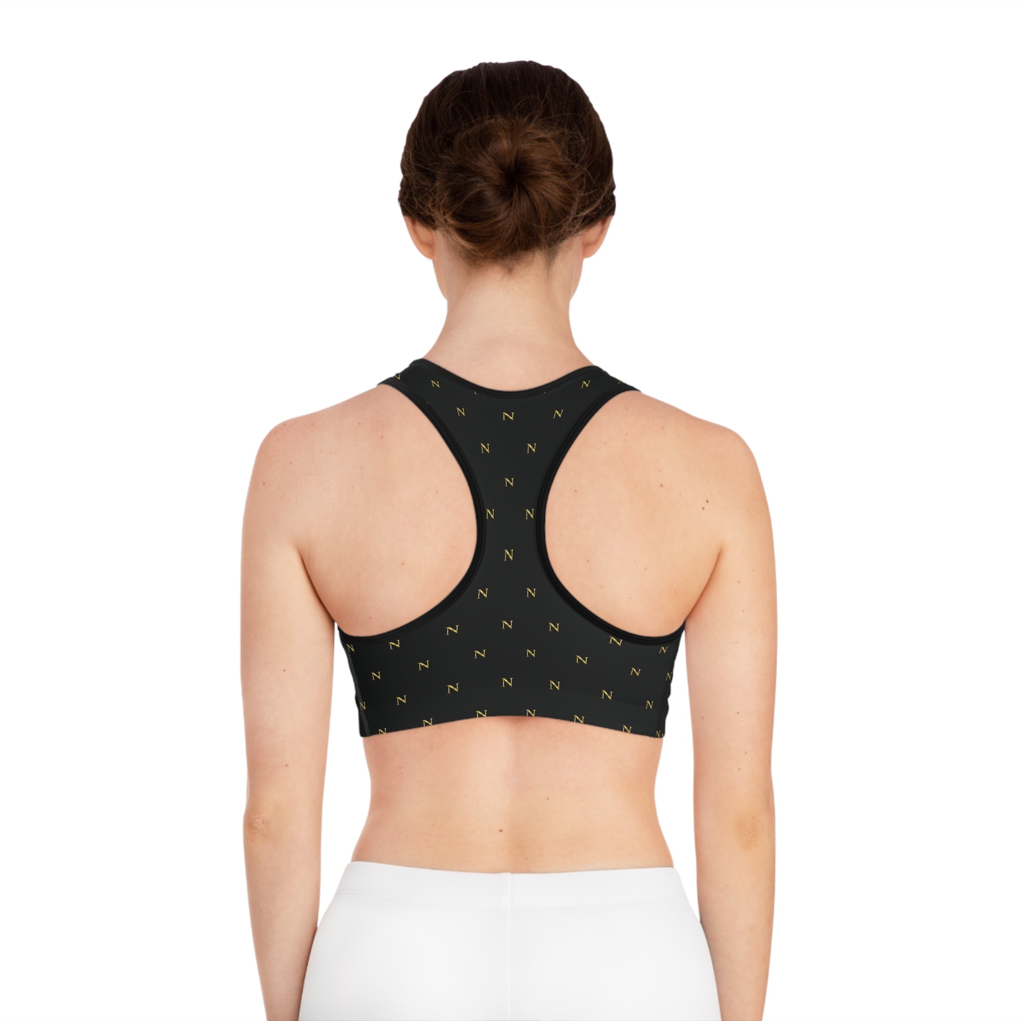 Noirél Gold Monogram Sports Bra — Black All-Over Print Athletic Top