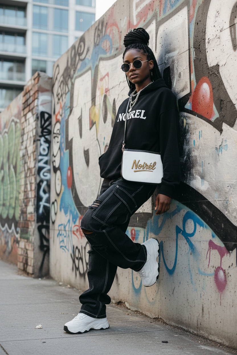 NOIRÉL Shoulder Bag – Gold Script Print