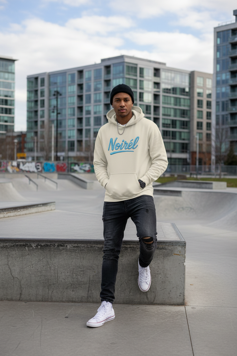 Noirél Script Logo Hoodie | Retro Blue Brush Lettering