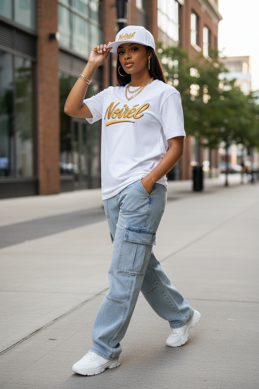 Snapback Hat — 'Noirél' Gold Script Embroidered Flat Bill Cap