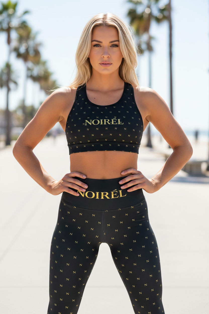 Noirél Gold Monogram Sports Bra — Black All-Over Print Athletic Top