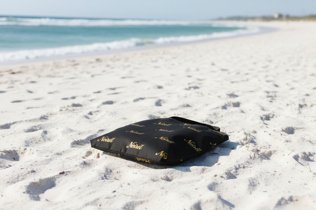 Canvas Tote Bag — Elegant Repeating “Noir” Script Pattern, Black & Gold Everyday Shopper