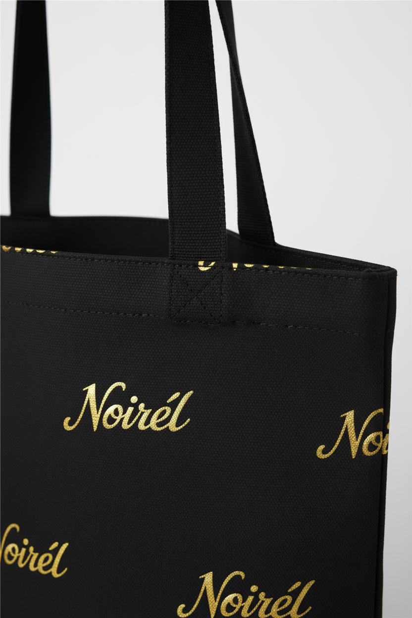 Canvas Tote Bag — Elegant Repeating “Noir” Script Pattern, Black & Gold Everyday Shopper