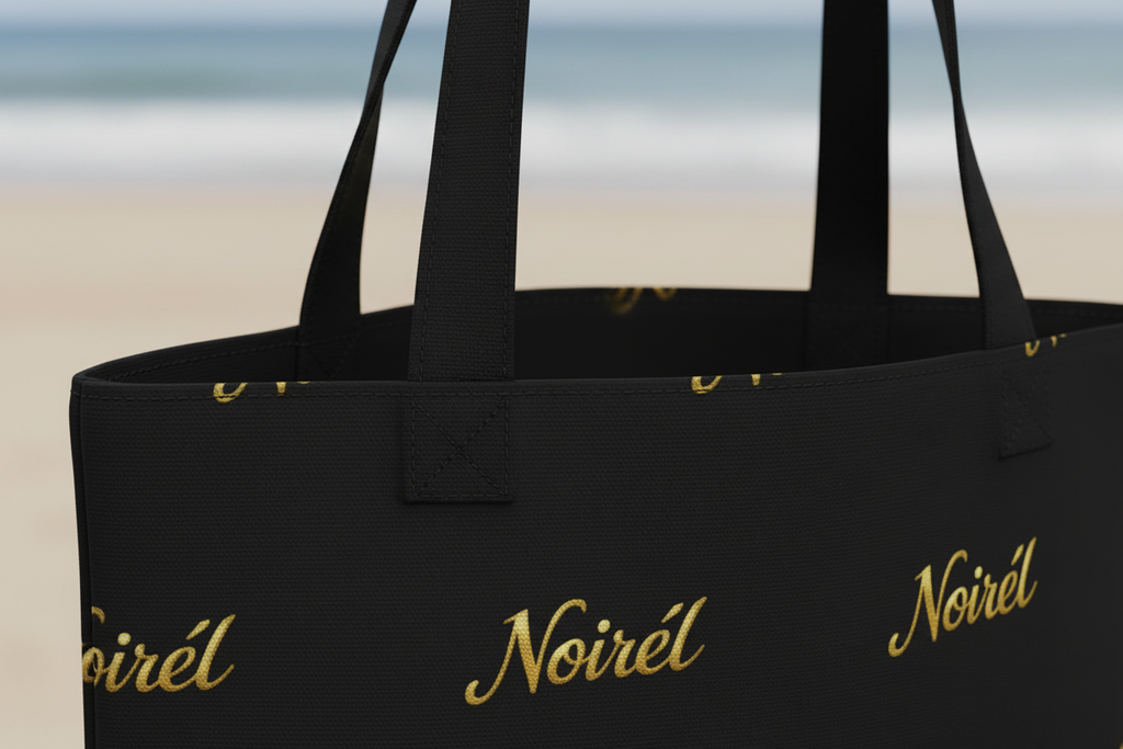 Canvas Tote Bag — Elegant Repeating “Noir” Script Pattern, Black & Gold Everyday Shopper