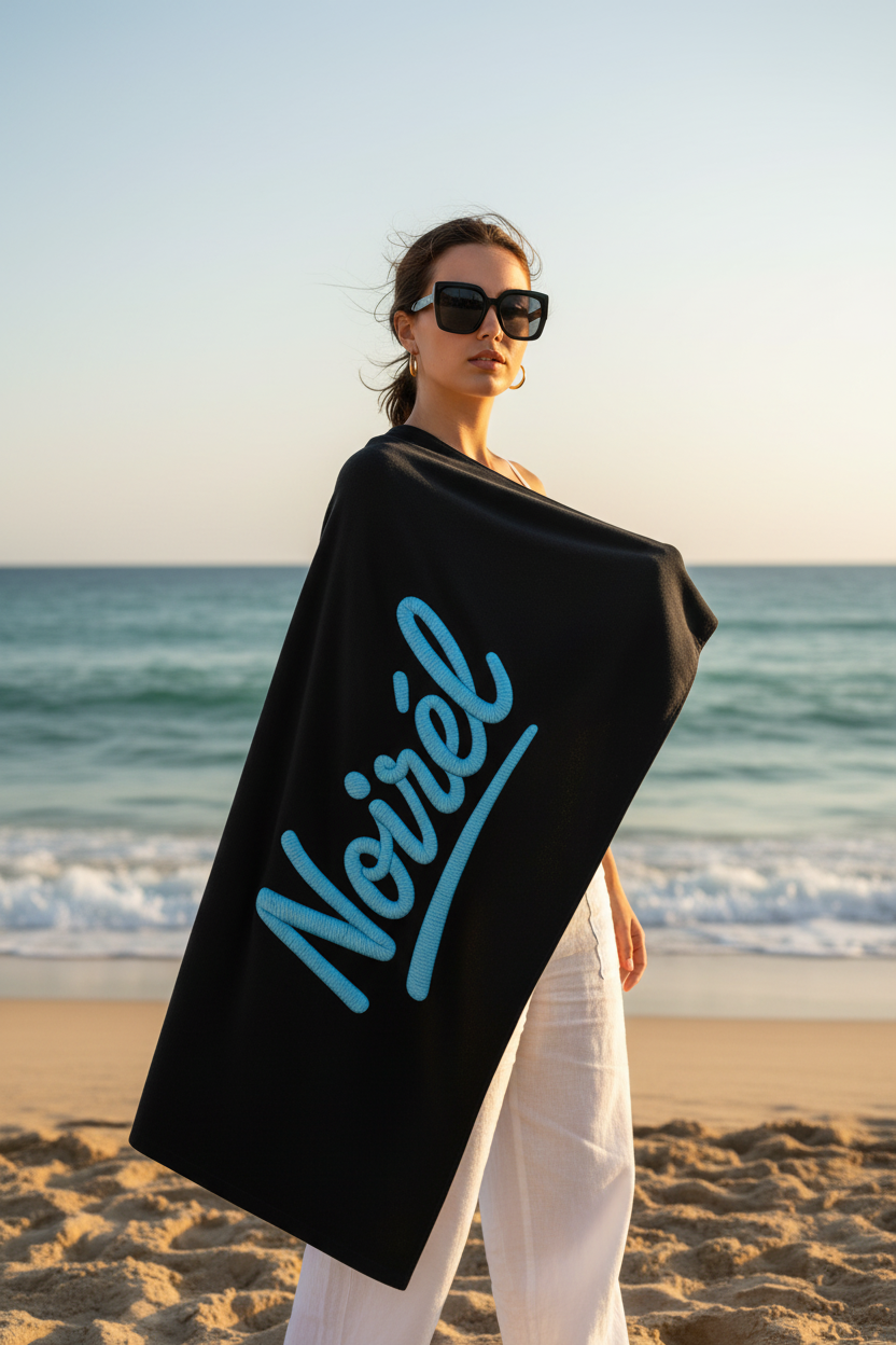 NOIRÉL Script Beach Towel – Premium Black Beach Towel with Blue Script Logo
