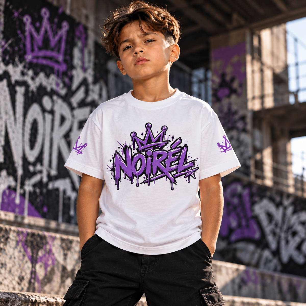 Noirel Kinder T-Shirt – „Dream. Create. Inspire.“ Graffiti Crown Tee