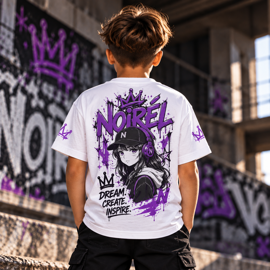 Noirel Kinder T-Shirt – „Dream. Create. Inspire.“ Graffiti Crown Tee