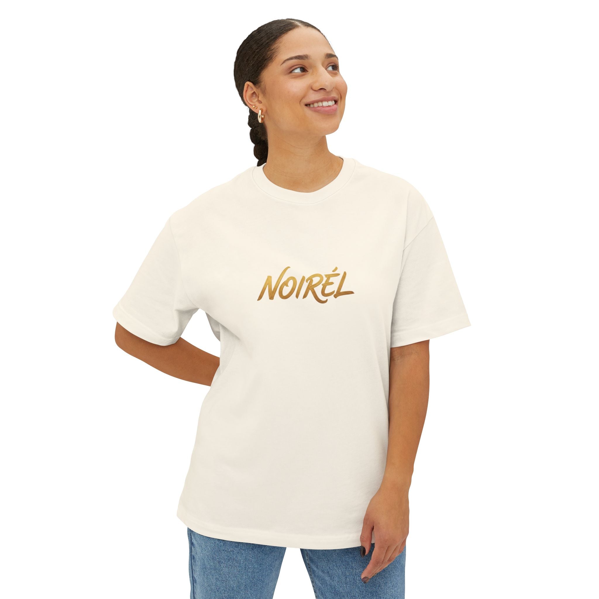 Timeless Rebellion Boxy Tee — "Noirél" Script White Oversized T‑Shirt
