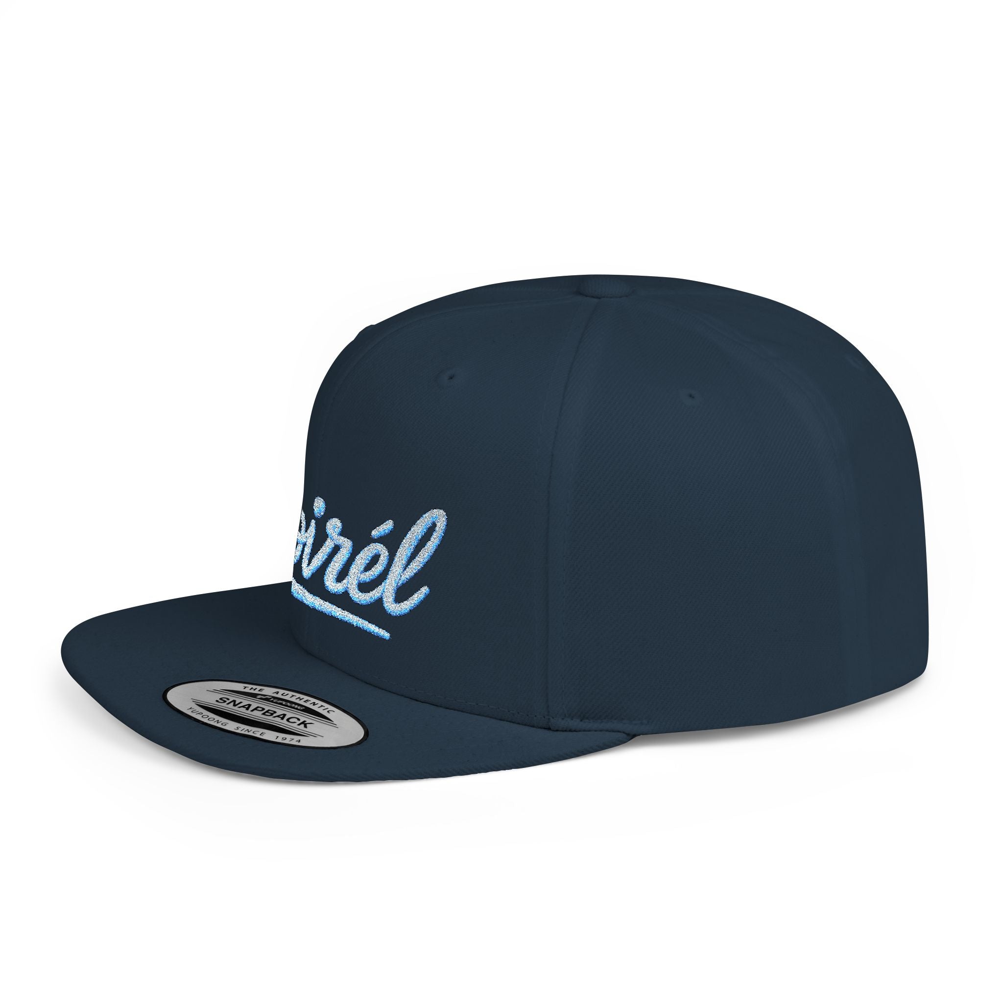 Snapback Hat — “Noiréel” Blue Glitter Script Flat-Bill Cap 