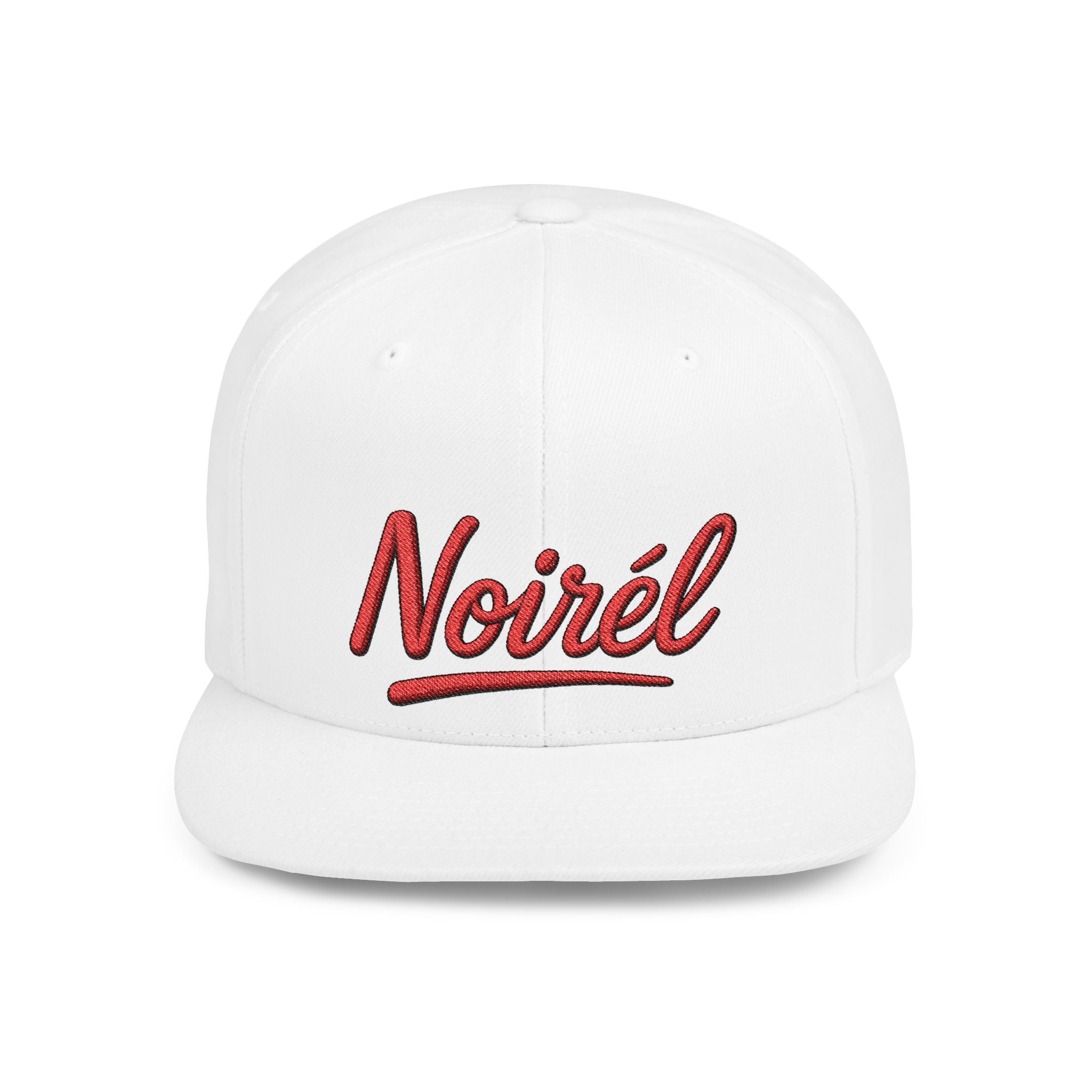 Noirél Script Logo Flat Bill Snapback | Embroidered Red Text Cap