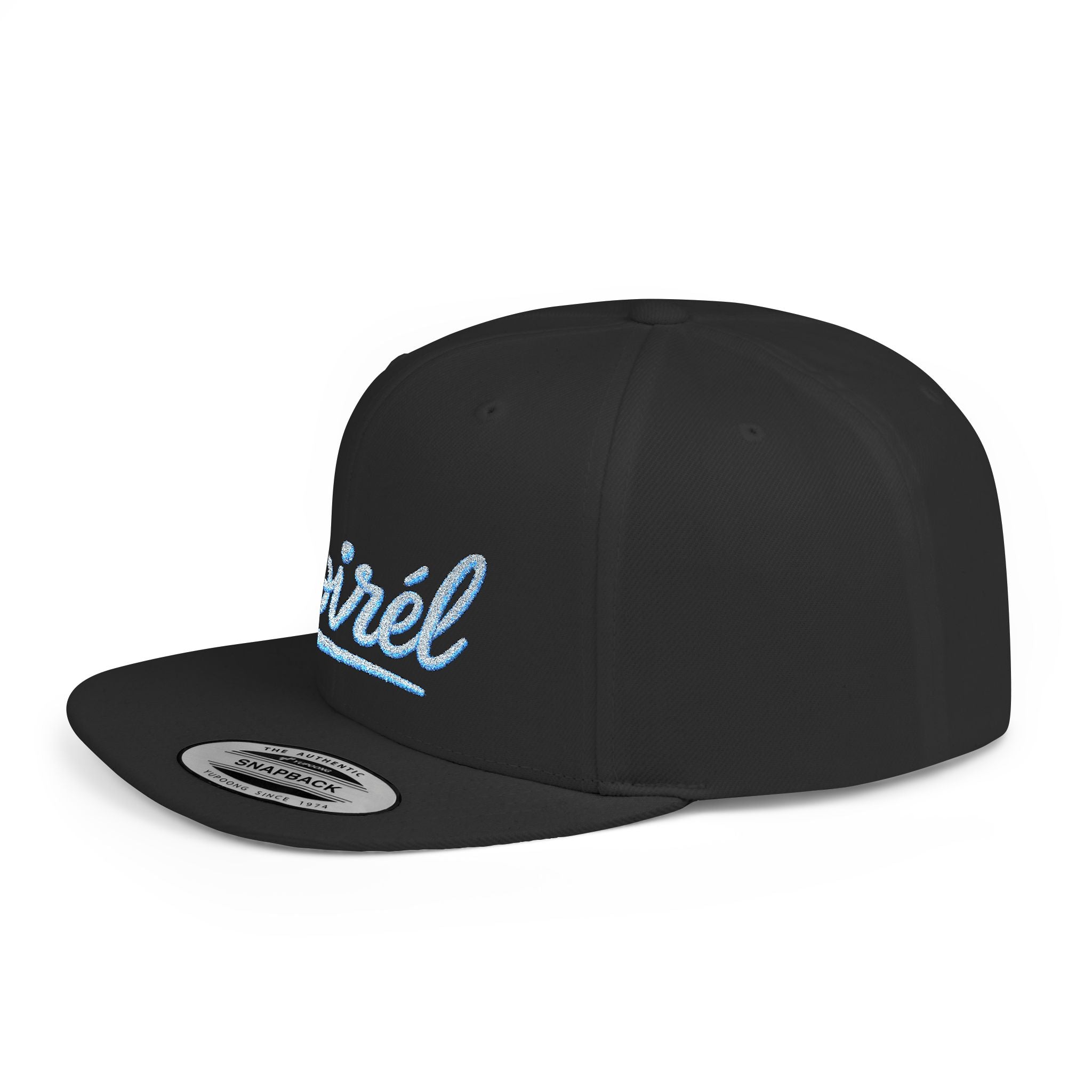 Snapback Hat — “Noiréel” Blue Glitter Script Flat-Bill Cap 