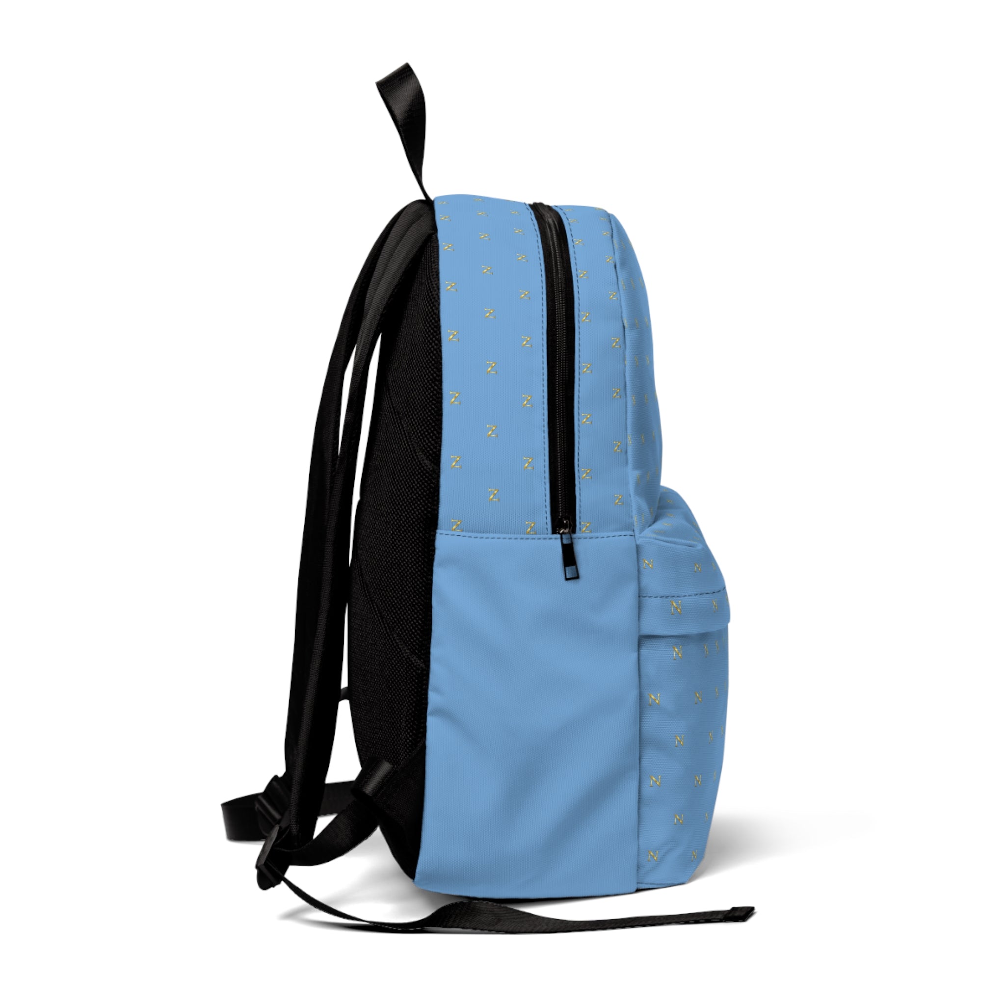 Classic Blue Monogram Backpack — Light Blue Backpack with Gold Pattern & 'NOIREL' Logo