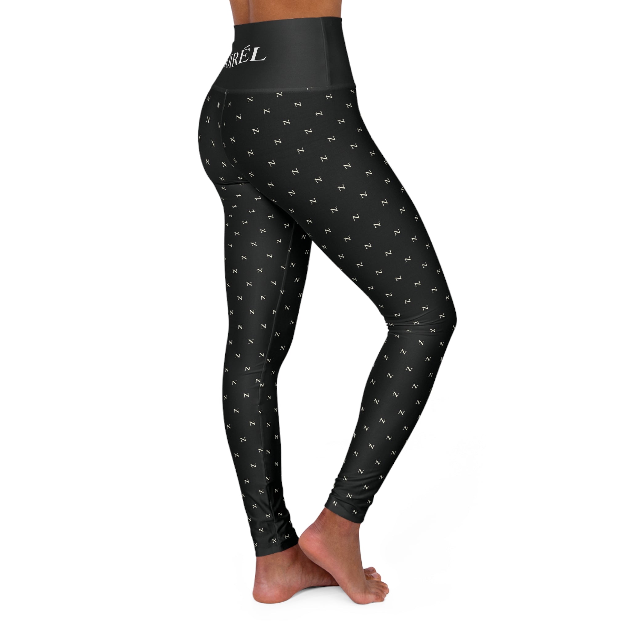 High-Waist Noirél Yoga Leggings — All-Over Black Logo Print, Stretch Workout & Athleisure