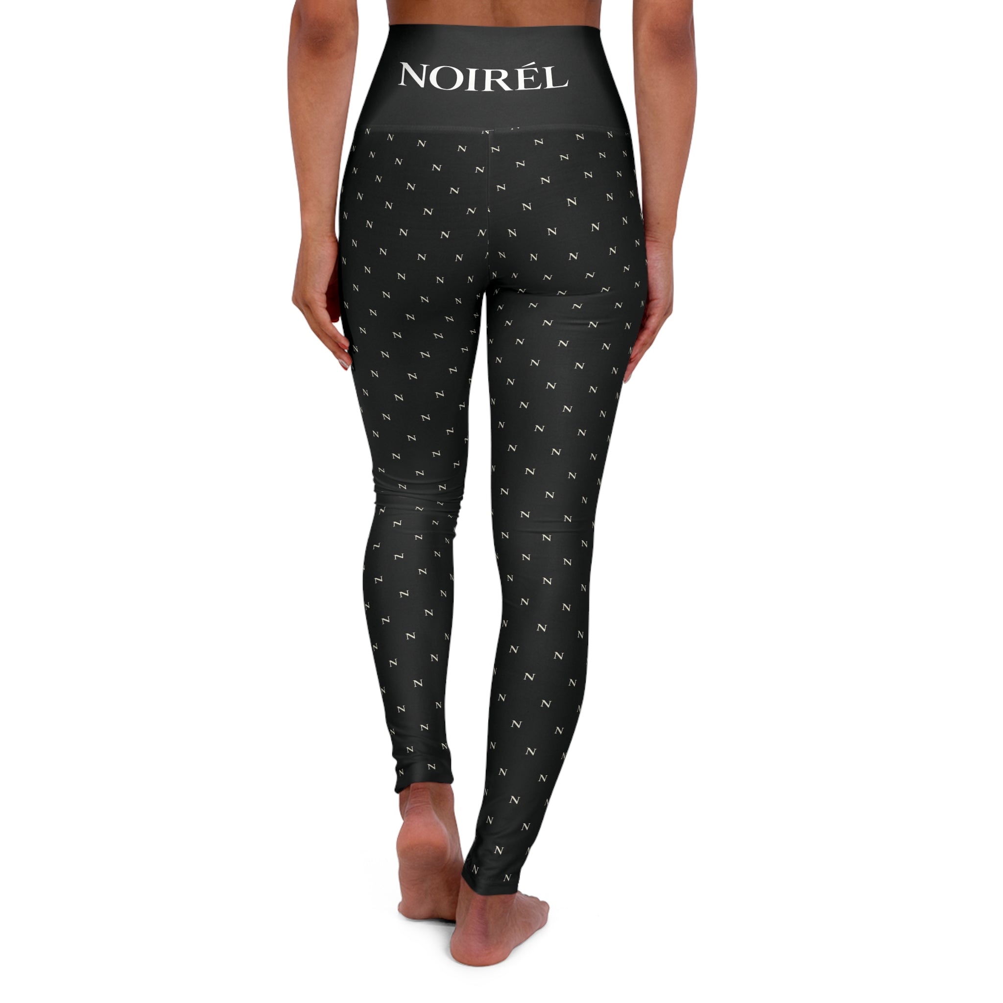 High-Waist Noirél Yoga Leggings — All-Over Black Logo Print, Stretch Workout & Athleisure