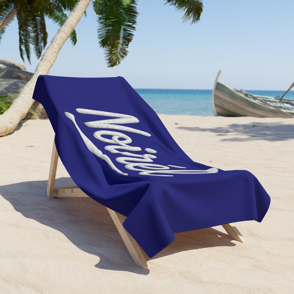 NOIRÉL Script Beach Towel – Premium Navy Beach Towel with White Script Logo