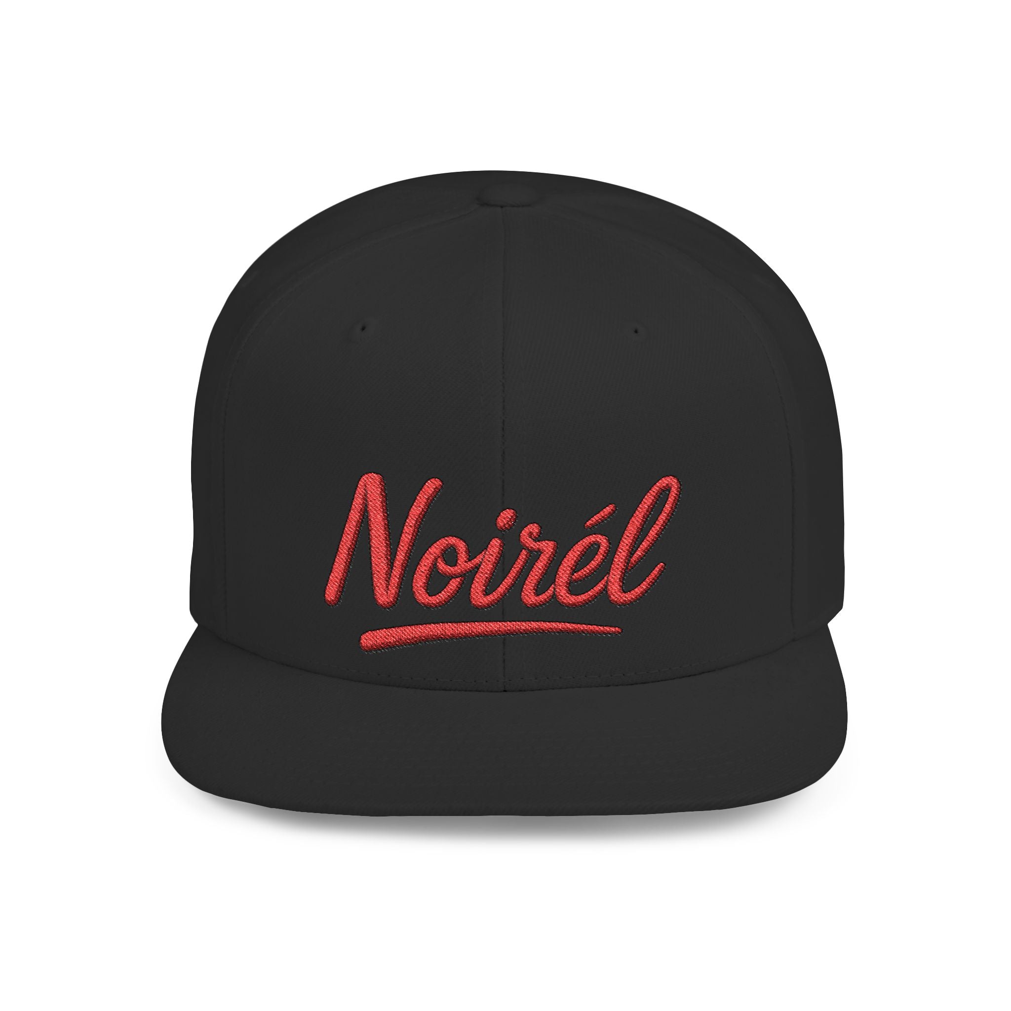 Noirél Script Logo Flat Bill Snapback | Embroidered Red Text Cap