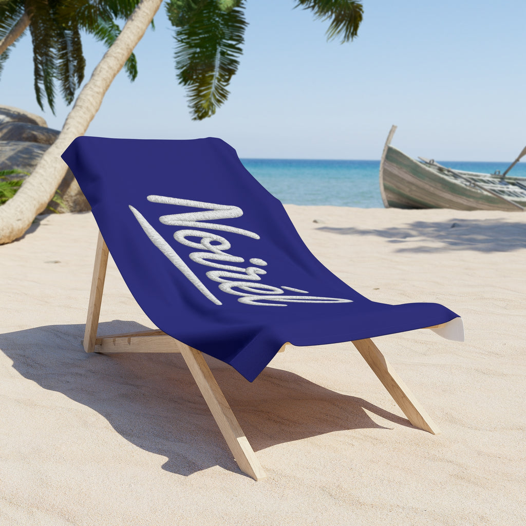NOIRÉL Script Beach Towel – Premium Navy Beach Towel with White Script Logo