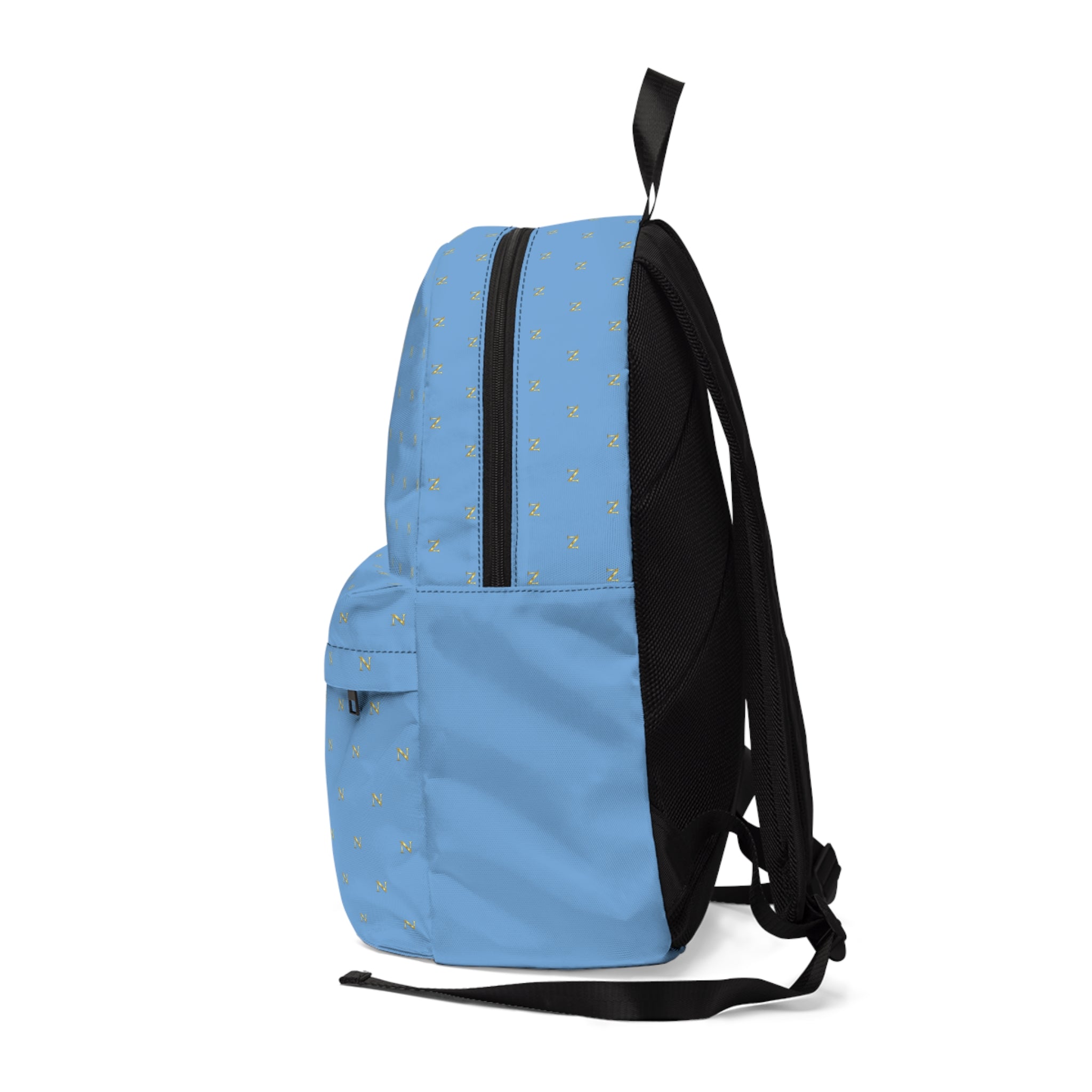 Classic Blue Monogram Backpack — Light Blue Backpack with Gold Pattern & 'NOIREL' Logo