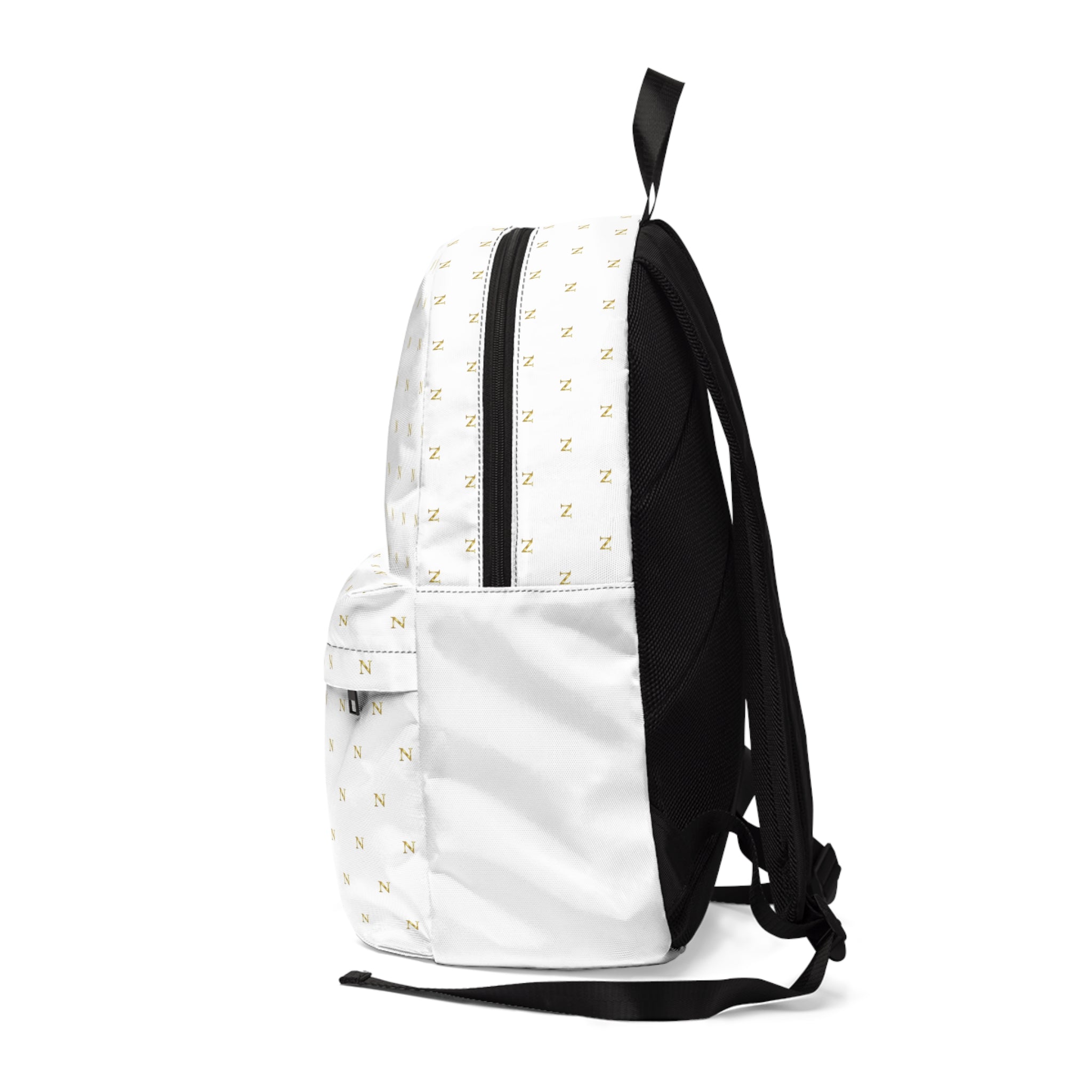 White Luxe Monogram Backpack — 'NOIREL' Gold Patterned School & Travel Bag