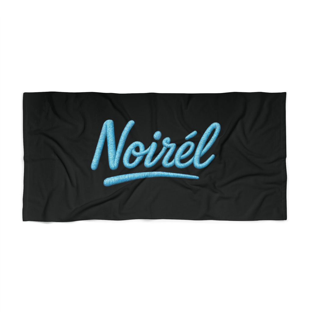 NOIRÉL Script Beach Towel – Premium Black Beach Towel with Blue Script Logo
